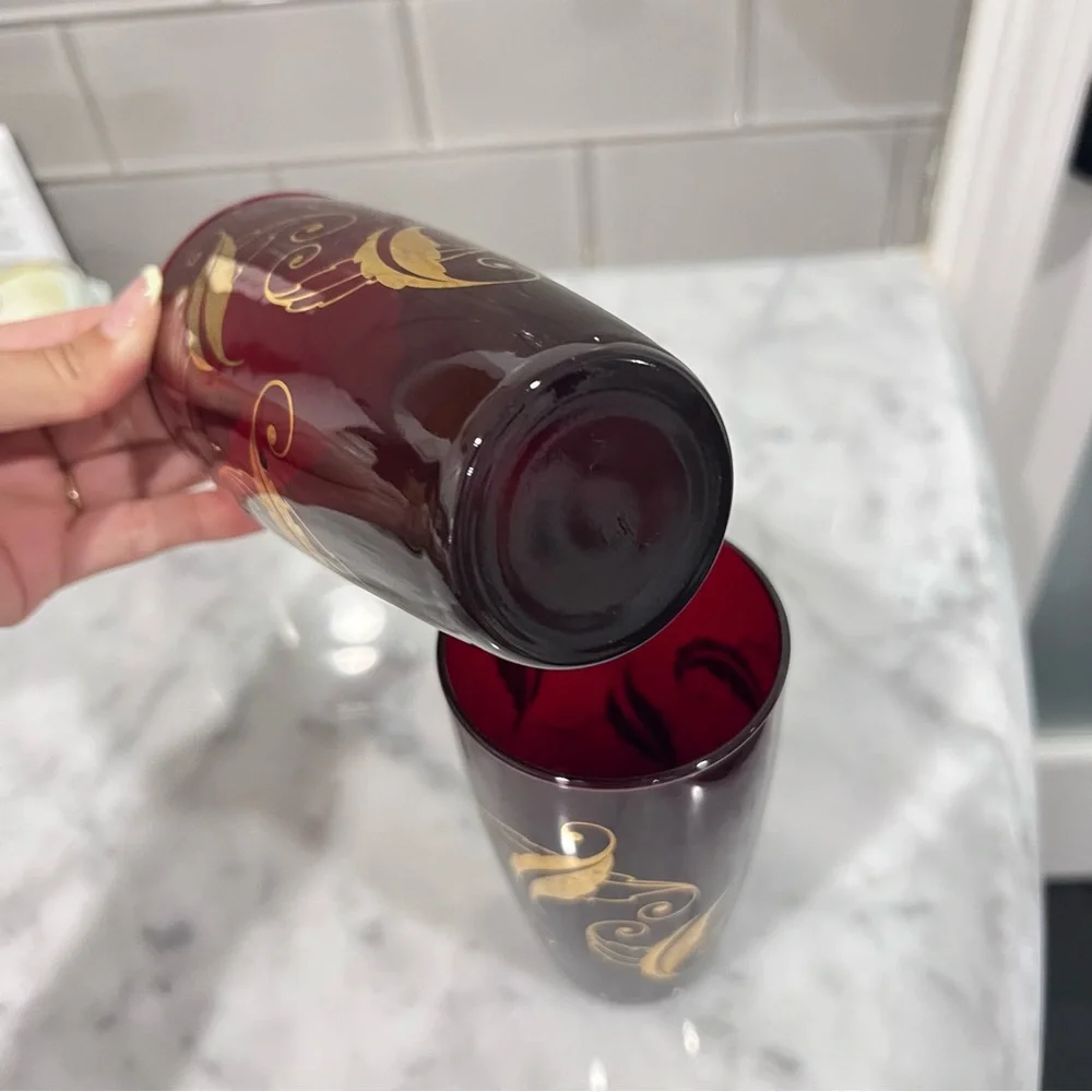 Vintage Anchor Hocking Ruby Red Glass Tumblers with Gold Leaf Motif